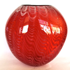 Red Pulled Feather Swirl Hand Blown Art Glass Vase 11