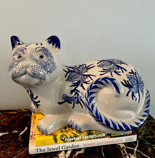 Large Blue And White Porcelain Cat Statue Figurine Chinoiserie VINTAGE picture