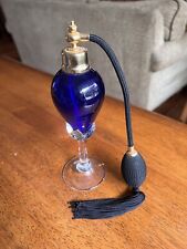 Vintage Tall Glass Perfume Bottle Atomizer Cobalt Blue Vanity Black Gold 8.5” picture