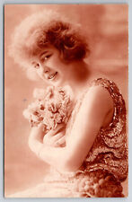 Vintage Antique C1927 Lovely Young Woman with Roses RPPC Postcard P117 picture