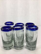 Set of 6~Mexican Hand Blown Heavy Tequila Shot Glasses Cobalt Blue Rim picture