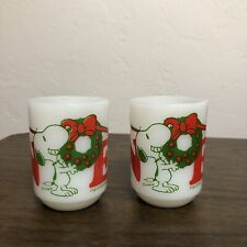 Set 2 Vintage FIRE KING 1965 SNOOPY PEANUTS NOEL Milk Glass Mugs Anchor Hocking picture