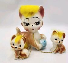 Vintage Anthropomorphic Ceramic Chained Cat Kittens w/Yellow Fur Figurine Japan picture