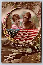 Postcard Patriotic WWI Doughboy AEF Soldier Woman Tinted RPPC Photo Flag AD26 picture