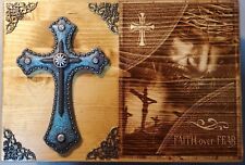 Faith Over Fear Engraved Jesus Handmade Wooden Bible Box with Blue Cross picture