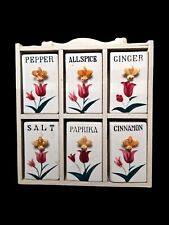 Vintage 1950's Wood Spice Rack~6 Ceramic Containers~Flower Design w/Bee Handle picture