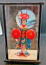 Vintage OMC Japanese Geisha Doll Red Kimono with Umbrellas In Shadow Box picture