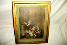 ANTIQUE FRENCH WOOD DRESSER BOX TINTED PRINT PARLOR SCENE LADIES BIRD MIRROR picture