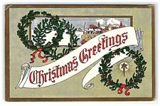 1907-15 Postcard Christmas Greetings Banner Holly Wreath's Gold Border picture