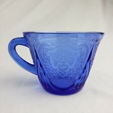 Vintage Ornate Cobalt Blue Glass Cup Handled Drinking Glass Embossed Pattern Mug picture