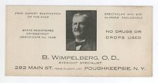 Vintage B Wimpelberg OD Poughkeepsie NY Optometrist Business Card w/ Pic picture