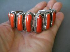 Southwestern Native American Red Orange 9Coral Row Sterling Silver Cuff Bracelet picture