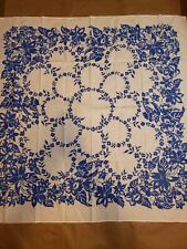 Vintage Handmade MCM Tablecloth Blue Flowers 48x48 Ready For Summer picture