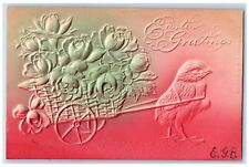 c1910's Easter Greetings Chick Pulling Cart Flowers Airbrushed Embossed Postcard picture