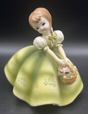 Vintage Lefton Girl in Green Dress with Flower Basket Figurine Hand Painted picture