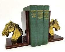 Vintage Horse Stallion Brass Bookends  Cherry Wood Inlay Set Of (2) picture