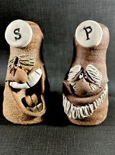 VINTAGE 70s Salt & Pepper Shakers UGLY FACE MUSTACHE Mark Hines?Stoneware Set picture