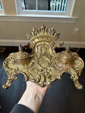 Antique Vintage Ornate Brass Double Inkwell picture