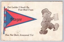 STEGER ILLINOIS PENNANT POSTCARD, CARTOON CARRYING LETTER, IL POSTCARD c. 1913 picture
