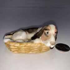 Brinton Bone China Basset Hound Dog Laying In Basket Miniature Figure Vtg EUC picture