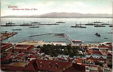 Gibraltar Harbour Ships War Mountains High View Houses Pier Postcard Unused UNP picture