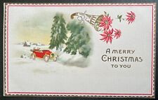 Christmas People Traveling in Old Car Winter Scene Vintage Postcard c1910 picture