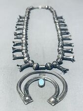 VERY VERY OLD VINTAGE NAVAJO TURQUOISE STERLING SILVER SQUASH BLOSSOM NECKLACE picture
