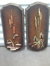 Copper & Brass 3D Cattails & Reeds Wall Art Plaques Pair of Vintage MCM picture