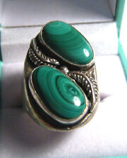 Big Large Vintage Green Malachite Stones Navajo Wide Sterling 925 Size 10 Ring picture