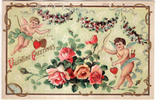ANTIQUE EMBOSSED VALENTINE Postcard        TWO CUPIDS, HEARTS, PINK ROSES picture