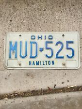 Vintage Ohio License Tag MUD-525 Hamilton County White Background Blue Letters picture
