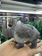 450g Natural Geode agate hand carved rhinoceros skull quartz cluster Gift picture