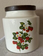 Vintage Hyalyn Pottery Kitchen Country Strawberry Canister Wooden Lid Farmhouse picture