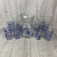 Vintage Blue Willow Glass Pitcher Set With 8 Tumblers Glasses 4 = 6oz & 4 = 12oz picture