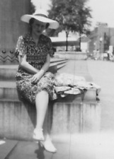 3H Photograph Lovely Woman Wearing Big Hat Dress Legs Crossed Portrait 1940s picture