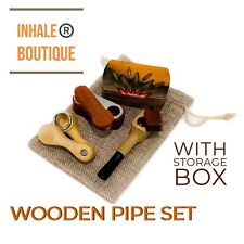Set Of Wooden Smoking Pipes W/ Storage Box In Burlap Bag (+ 10 BRASS Screens) picture