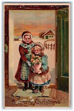 1908 Merry Christmas Mother And Daughter With Flowers Winter Embossed Postcard picture