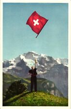 Swiss Flag Fahnenschwinger mit Jungfrau Switzerland Unposted Postcard Vintage picture
