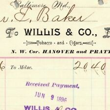 1896 Letterhead / Billhead Willis & Co. Tobacco Cigars Baltimore Ephraim Baker*  picture