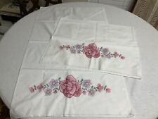 Vintage Pair Handmade Cross-Stitch Embroidery Pillowcases Pink & Purple Flowers  picture