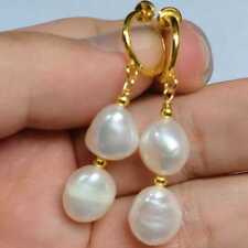 10-11MM Natural Baroque White pearl Dangle Earrings 14K Silver Stud Drop picture