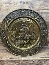 Vintage Embossed Brass Plate Wall Hanging Sailing Boats Scene 14