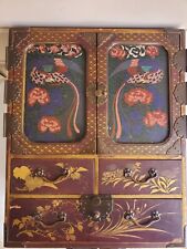 Rare Edo Panel & Japanese Cloisonne Lacquered Crane Cabinet Box Birds & Flowers picture