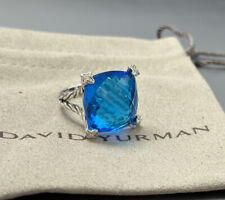 David Yurman 925 Silver Cushion On Point 20mm Blue Topaz Diamond Ring Size 6 picture