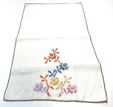 Vintage Tea Towel Cross Stitch Embroidery Linen White Roses Pink Blues 12