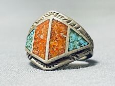 AUTHENTIC OLDER VINTAGE NAVAJO TURQUOISE CORAL STERLING SILVER RING OLD picture