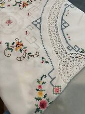 Vintage Large Tablecloth Floral Hand Cross Stitch Crochet Oval 62” W X 94” L picture