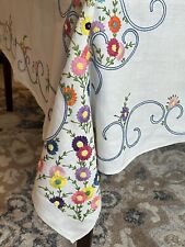 Vintage Antique Hand Embroidered Floral Linen Table Cloth Square Textile picture