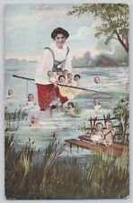 Weird Fantasy Postcard Woman Fishing in a Lake filled with Babies Posted 1907 picture