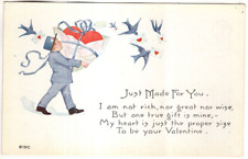 ANTIQUE VALENTINE Postcard    POSTMAN DELIVERING HEART WRAPPED IN RIBBON picture